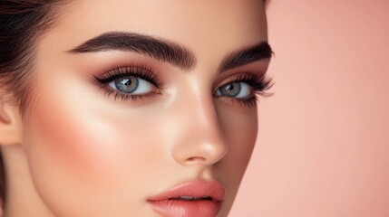 Fototapeta premium A woman with bold, arched eyebrows and a strong eye makeup look, showcasing the dramatic effect of well-defined brows against a modern, vibrant background.