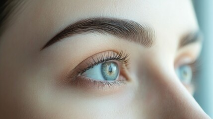 Naklejka premium A woman with freshly shaped eyebrows, showing the precision and definition achieved with eyebrow wax or tint, captured with a focus on her facial features in a modern environment.