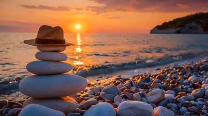 An idyllic sight of piled stones and hat with on a pebble beach during a lovely sunset