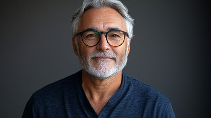 Portrait of a mature businessman wearing glasses on grey background, happy senior Latin man looking at camera with copy space. Suitable for corporate and professional use.