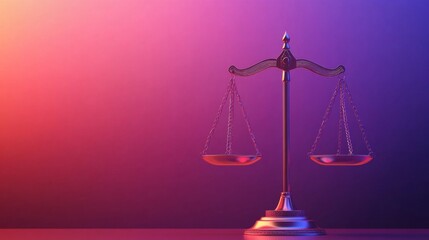 Shining Balance Scale of Justice on a vibrant  purple background  with empty space on the side.