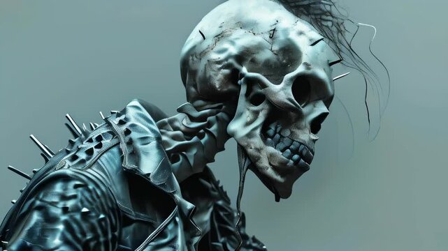 Exploring a futuristic take on a punk skeleton in a dark urban environment with spiked leather fashion