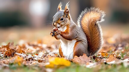 A playful squirrel enjoying its snack amidst colorful autumn leaves in a serene outdoor setting.