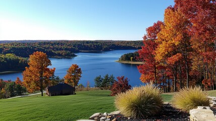 Obraz premium A serene autumn landscape with colorful trees, a calm lake, and a clear blue sky, perfect for relaxation and nature lovers.