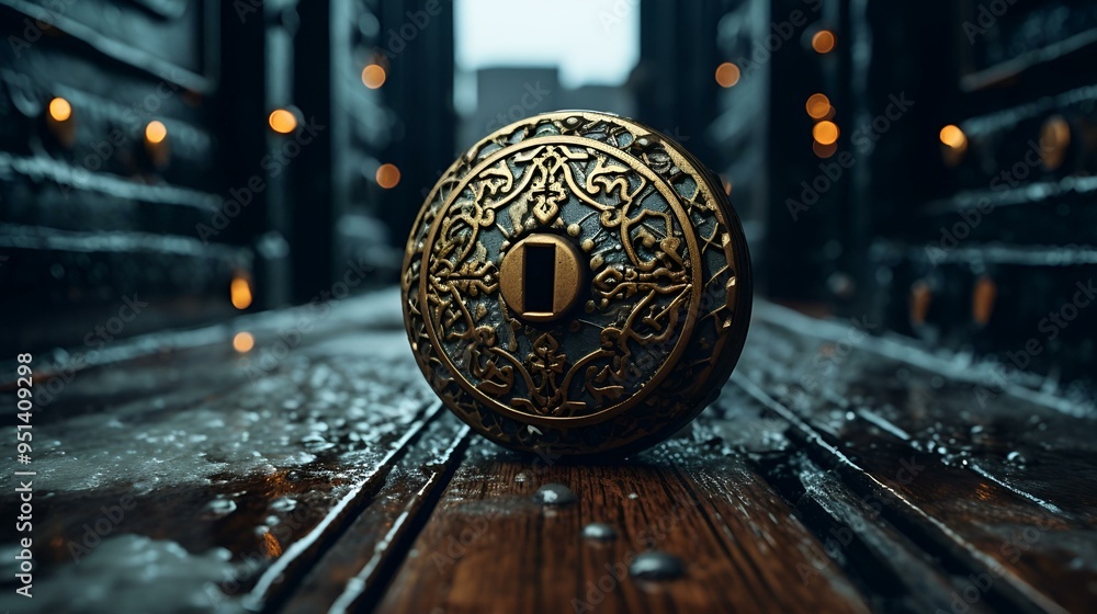 Poster a round gold object with a hole in it.