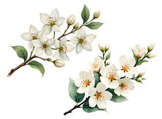 Obraz premium Watercolor Tropical Spring Floral Arrangement: Lush Green Leaves and Vibrant Flowers, Isolated on Transparent PNG Background, Ideal for Wedding Cards or Bouquets, Enhanced by Generative AI
