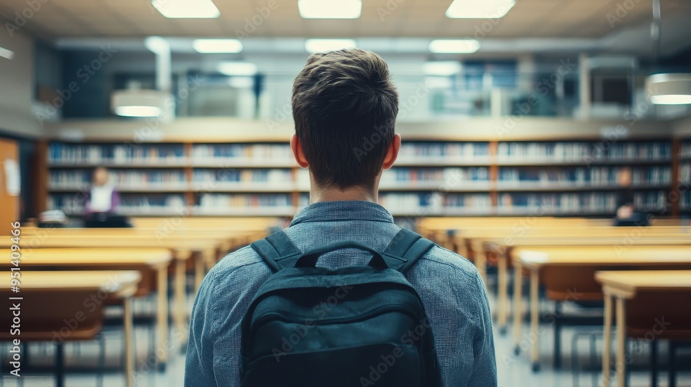 Poster student in an empty classroom with bookshelves