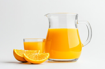 jug and glass with orange juice on a white background