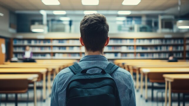 Student in an Empty Classroom with Bookshelves