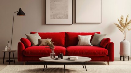Modern living room interior with red sofa, wooden coffee table, and beige rug.