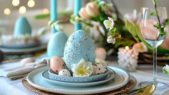 Elegant spring table setting featuring blue decorative eggs and floral arrangements for Easter celebration