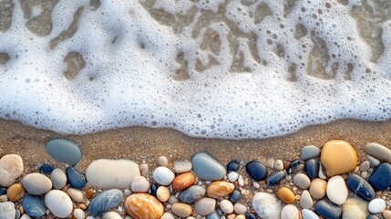 Pebbles and foamy waves.