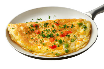 Golden Veggie Omelet in White Ceramic Pan, Fresh Herbs Garnish