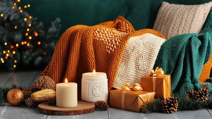 Cozy holiday setting with knitted blankets, candles, and gifts, perfect for capturing the warmth of the festive season.