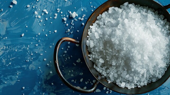 An iron dish filled with gritty sea salt against a blue backdrop