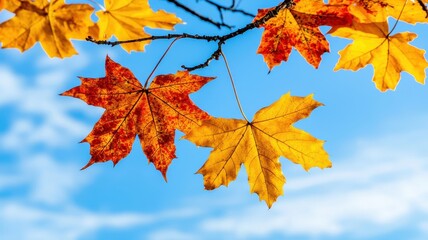 Vibrant autumn leaves against a clear blue sky, showcasing the beauty of nature and seasonal change.