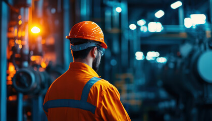 A man in an orange safety suit is standing in a factory