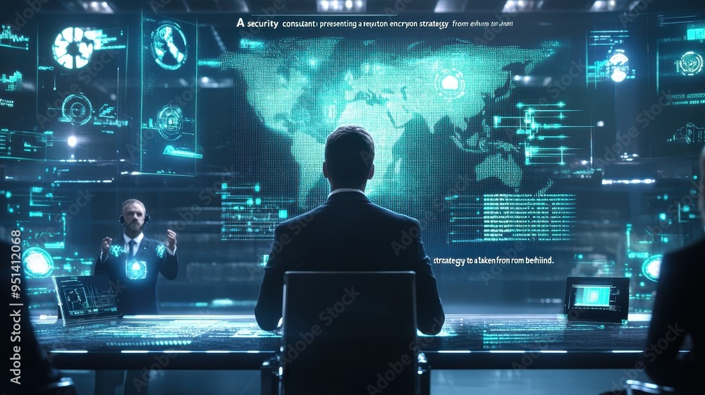 Poster a security consultant analyzing cybersecurity threats on a high-tech digital display