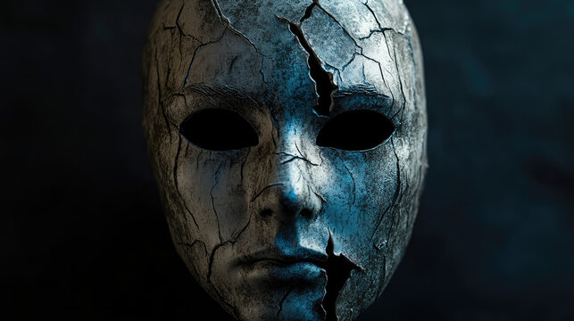 A terrifying mask with a cracked surface and empty, lifeless eyes, set against a dark, eerie backdrop.