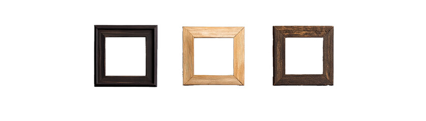 Repurposed Wooden Picture Frames in Different Finishes. Isolated on a Transparent Background. Cutout PNG.