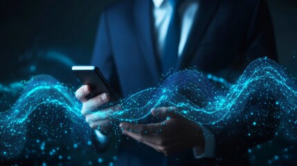 Blue light waves, businessman uses phone with digital effect