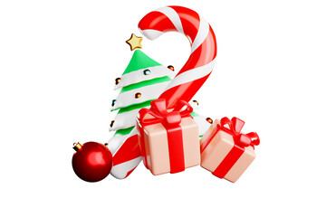 Blue background with gift boxes, Christmas tree and candy cane. Christmas holiday decorations. 3D illustration.