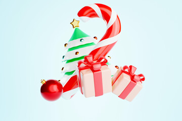 Blue background with gift boxes, Christmas tree and candy cane. Christmas holiday decorations. 3D illustration.