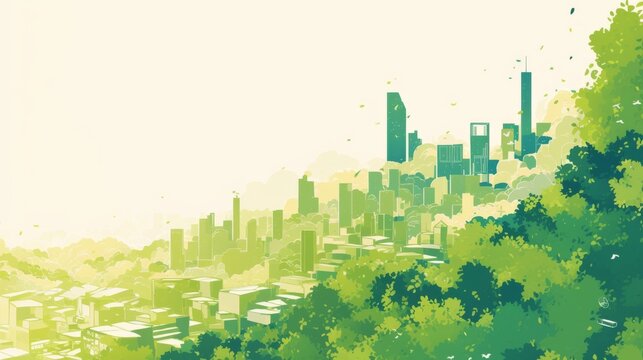 Sustainable urban design project concept featuring a green cityscape in a minimalist style with copy space on the side.