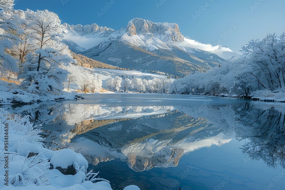 Poster a lake with snow covered mountains and blue sky. 