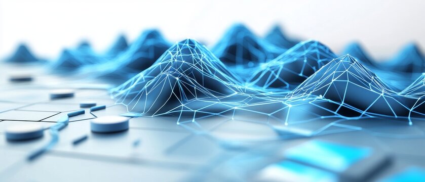 Abstract digital landscape featuring interconnected lines and peaks, symbolizing technology and data visualization.