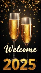 Luxury New Year&rsquo;s Eve 2025 Banner, A banner design with elegant gold, black, and white colors, featuring sparkling champagne glasses, confetti, and Welcome 2025 in a luxurious script font. vertical.