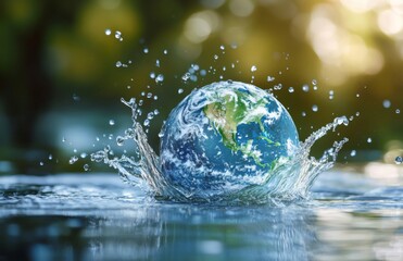 The Earth as a water and green forest planet concept for World Environment Day, featuring a splash effect on a blurred background with copy space.