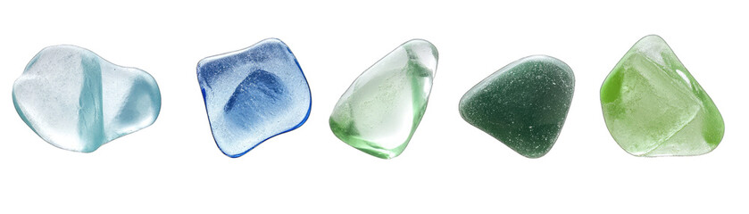 Sea Glass Pieces in Blue, Green, and Clear Shades. Isolated on a Transparent Background. Cutout PNG.