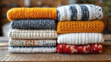 Stacked Wool Sweaters in Various Colors on Wooden Shelf, Representing Warmth, Comfort, Coziness, and Seasonal Fashion in a Rustic Store Setting