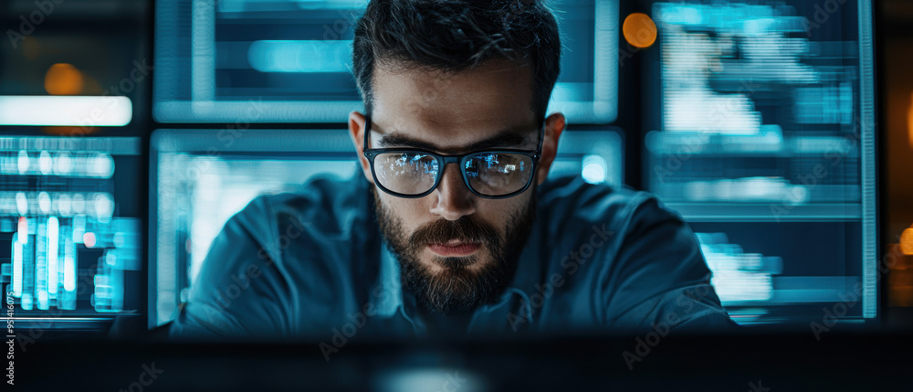 Poster a man wearing glasses is looking at a computer screen with multiple monitors