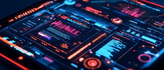 Fototapeta premium Futuristic digital dashboard displaying data analytics and trends in vibrant colors and modern design.