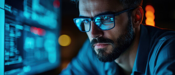 A man wearing glasses is looking at a computer screen with a blue background