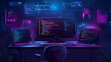 Futuristic workspace with glowing monitors displaying code, perfect for technology and programming themes.