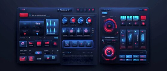 Fototapeta premium Futuristic digital interface featuring vibrant buttons, sliders, and controls for audio mixing and sound editing.