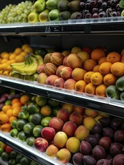 storefront fruit decor, featuring a beautifully arranged display of fruits in a store, emphasizing freshness and inviting visuals.