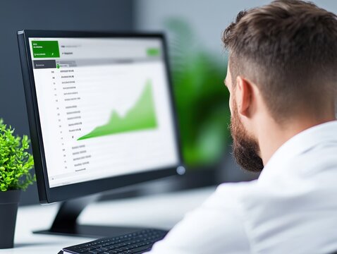 Business professional analyzing growth metrics on computer screen in modern office environment