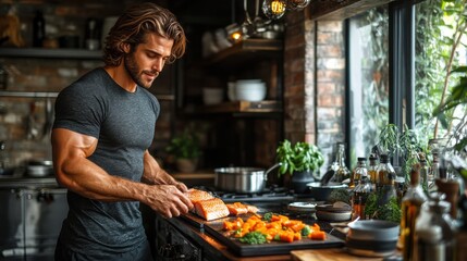 Fit man preparing a nutritious meal in a rustic kitchen, combining strength, culinary skills, and a healthy lifestyle.
