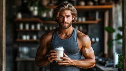 A fitness enthusiast in a tank top and snug T-shirt, drinking a protein product in a minimalist kitchen