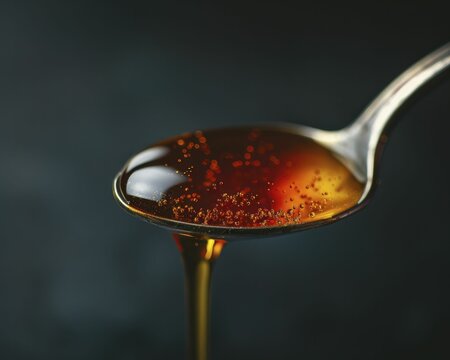 Close-up of agave syrup on a spoon, showcasing its velvety texture and delightful sweetness, ideal for enhancing both culinary creations and health-focused recipes.