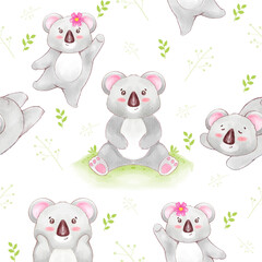 Seamless pattern of adorable koalas in various poses with floral and foliage accents on a white background. Perfect for textiles, wallpapers, and children’s products.