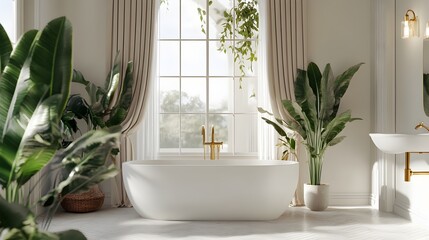 Luxurious Bathroom Oasis with Freestanding Tub Herringbone Tiles and Lush Potted Plants