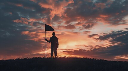Patriotic silhouette art, showcasing a figure grasping a flag against a striking sky, beautifully conveying a sense of national pride and unity.