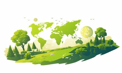 Eco-friendly vector logo of green Earth with trees,   global map for environmental protection action day.