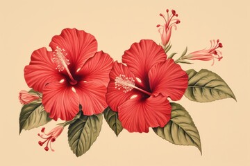 Obraz premium Vintage drawing red hibiscus flower pattern sketch.