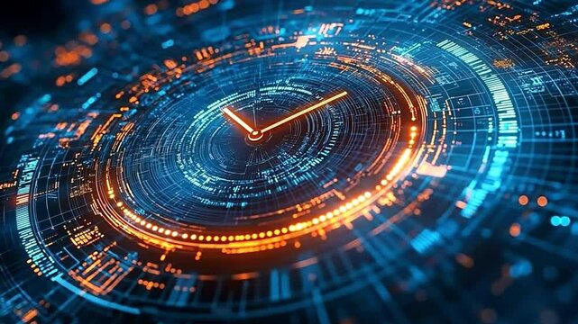 Modern timepiece face is encircled by digital data and is ticking away.